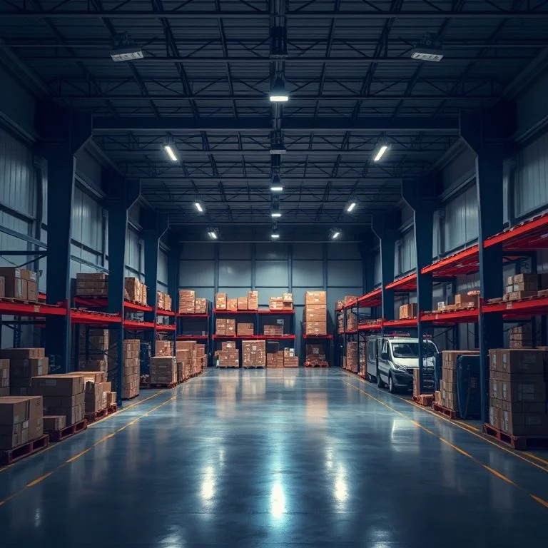 An automated, driverless heavy-duty truck with glowing accents navigating a complex, multi-level logistics yard under a starry, deep blue sky. Focus on efficiency, autonomy, and heavy-duty transport. Style: Industrial sci-fi, realistic yet futuristic, strong contrasting lighting.